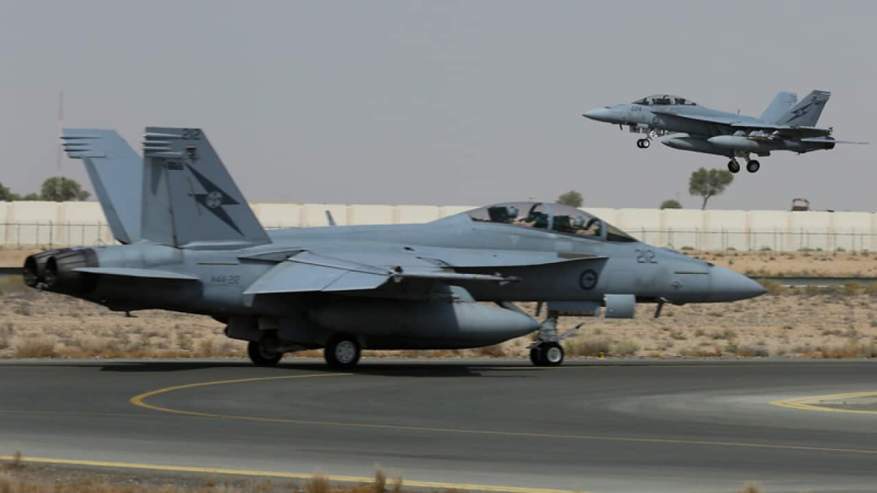 A RAAF F/A18F Super Hornet takes off for its first combat mission.