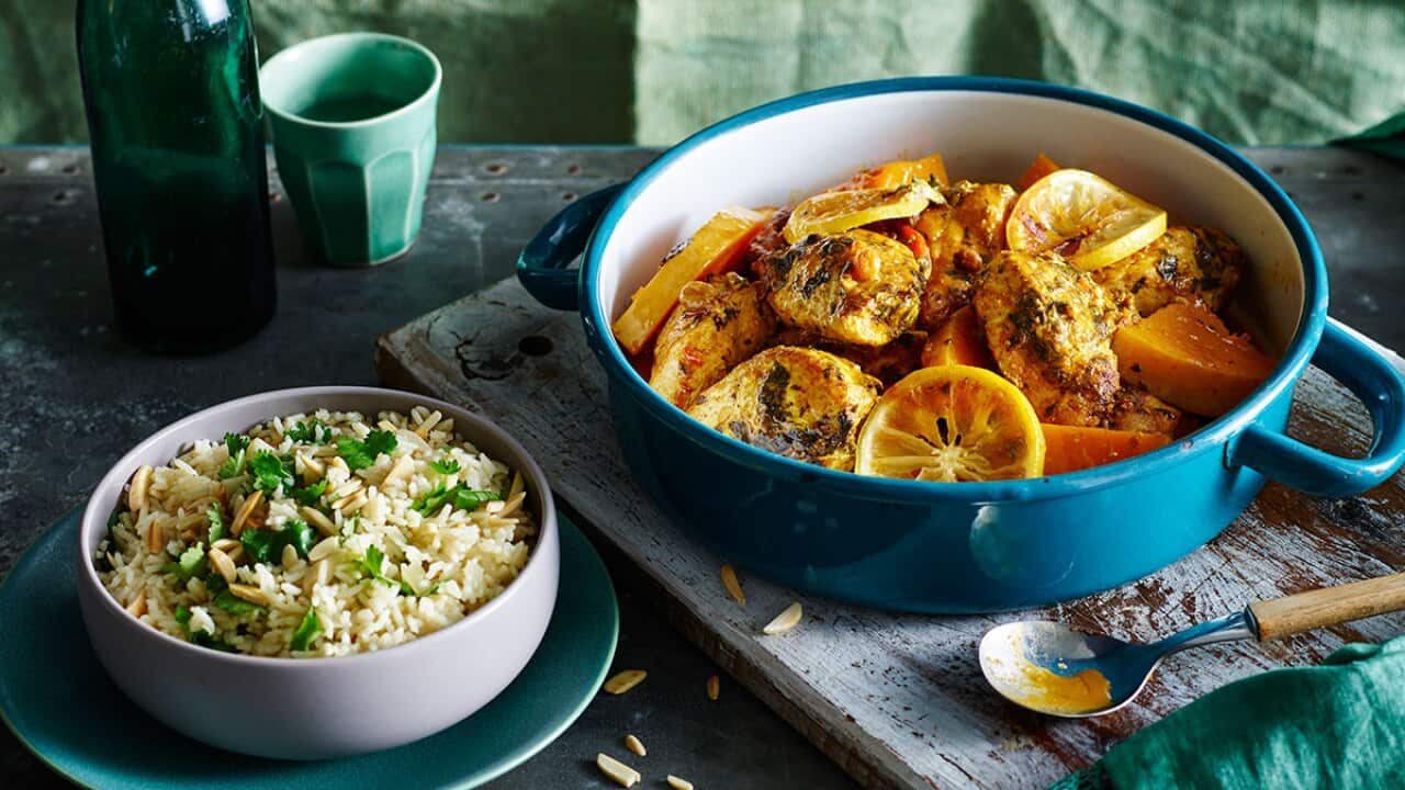Chicken pumpkin tagine with almond pilaf