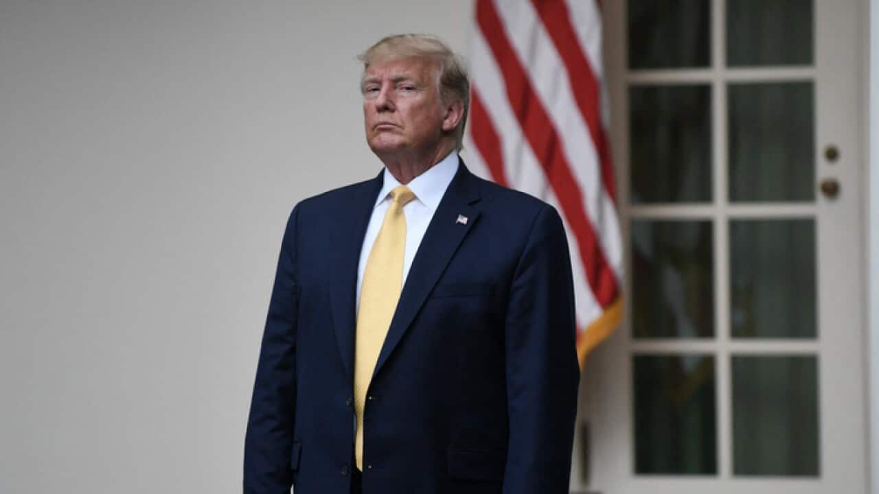 US President Donald Trump looks on during a news conference about U.S. citizenship status for the upcoming 2020 census