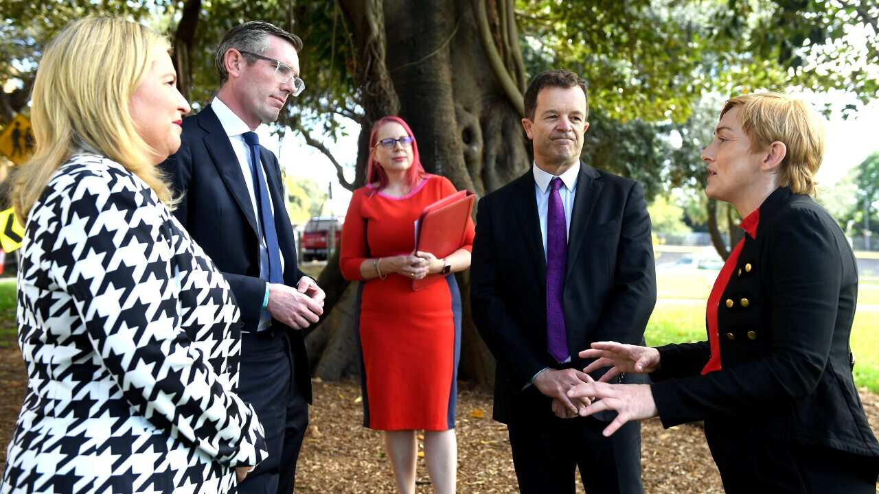 Wendy Boyd, NSW Minister for Women Bronnie Taylor, Premier Dominic Perrottet, Domestic Violence NSW Chair Annabelle Daniel, NSW Attorney General Mark Speakman.