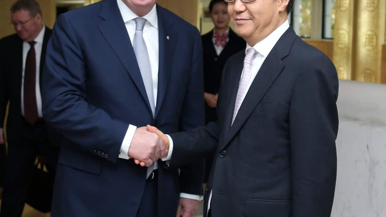 Trade Minister Andrew Robb meeting with the Chinese Minister for Commerce, Dr Gao Hucheng, ahead of APEC. (AAP)