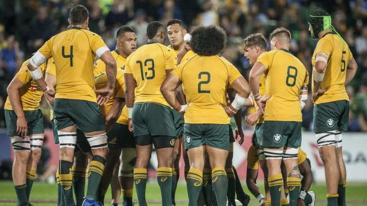 Wallabies huddle against the Springboks
