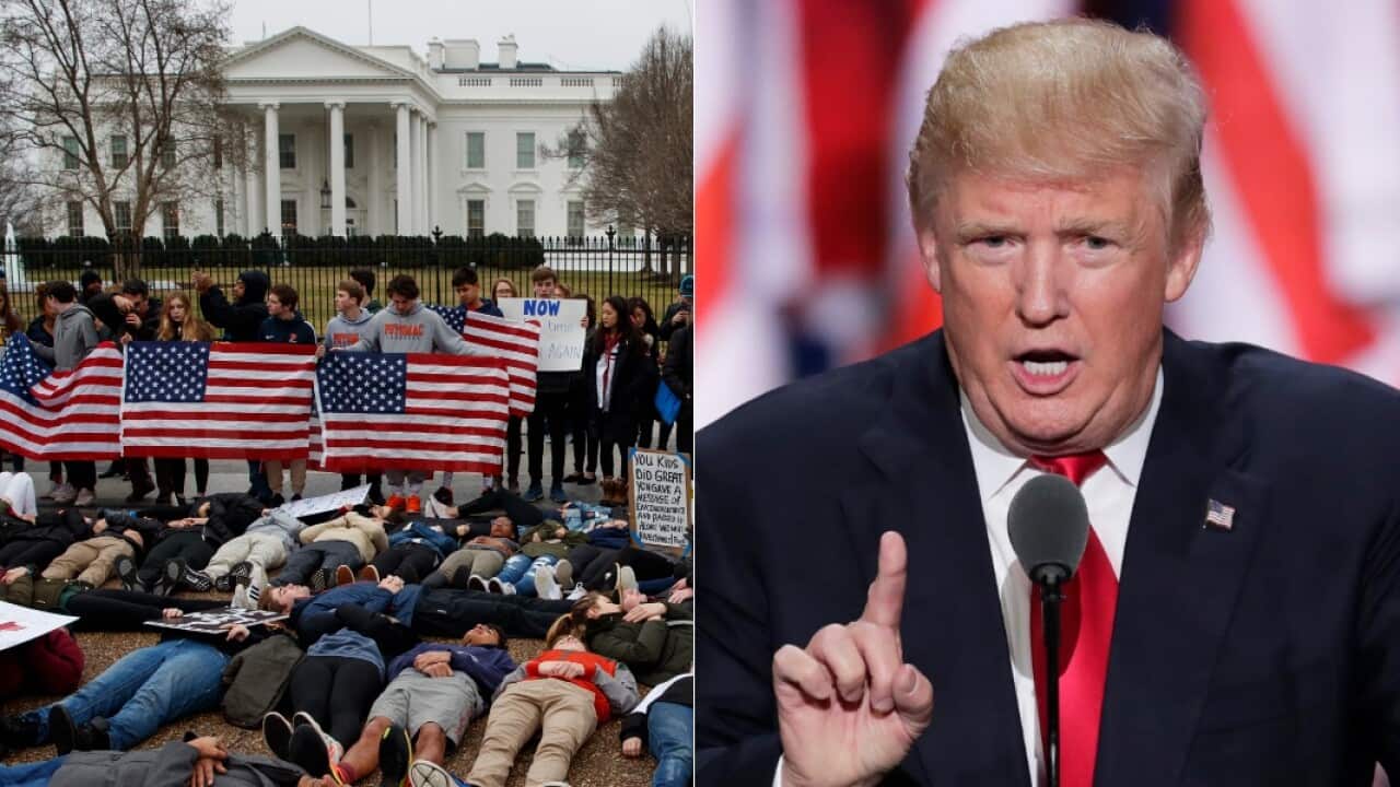 Combo image: Demonstrators participate in a "lie-in" during a protest in favor of gun control reform in front of the White House