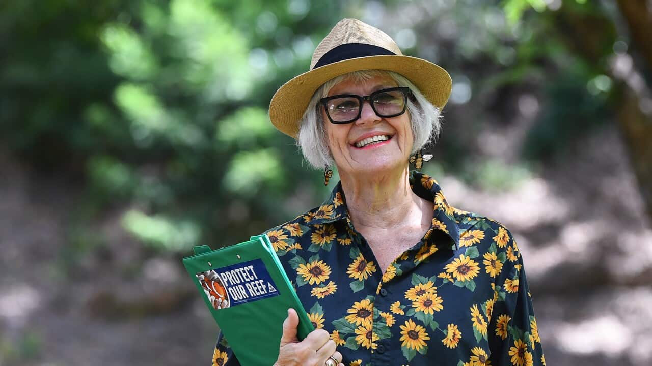 A woman wearing a green floral shirt and a hat is holding a green file in her right hand as she smiles.