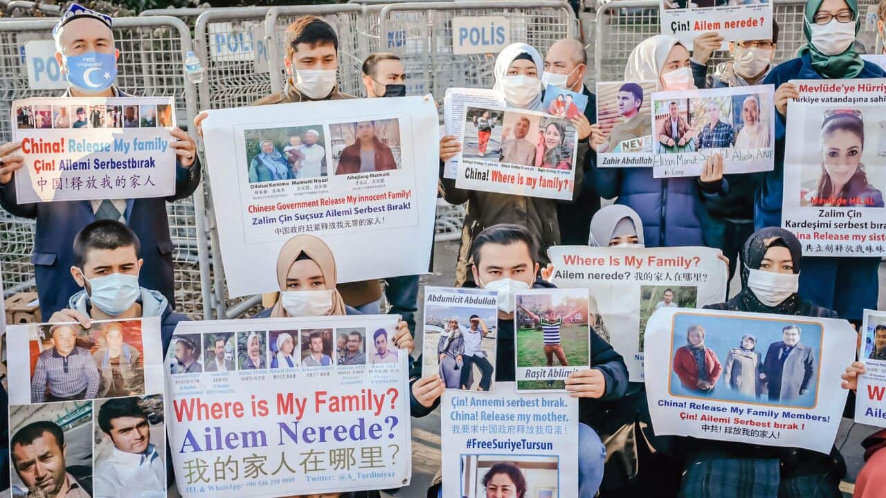 Uighurs demonstrate at the Chinese consulate in Istanbul in December 2020.