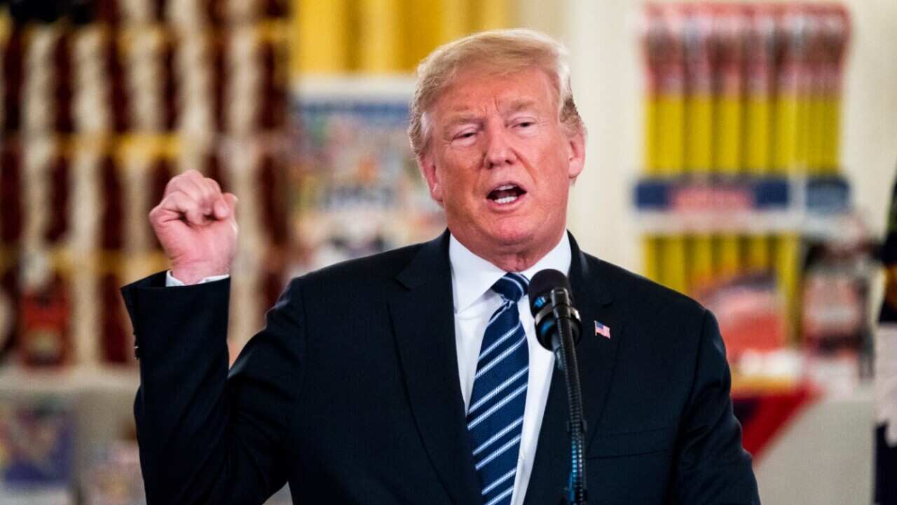 US President Donald J. Trump speaks after touring a 'Made in America Product Showcase' in the Cross Hall of the White House
