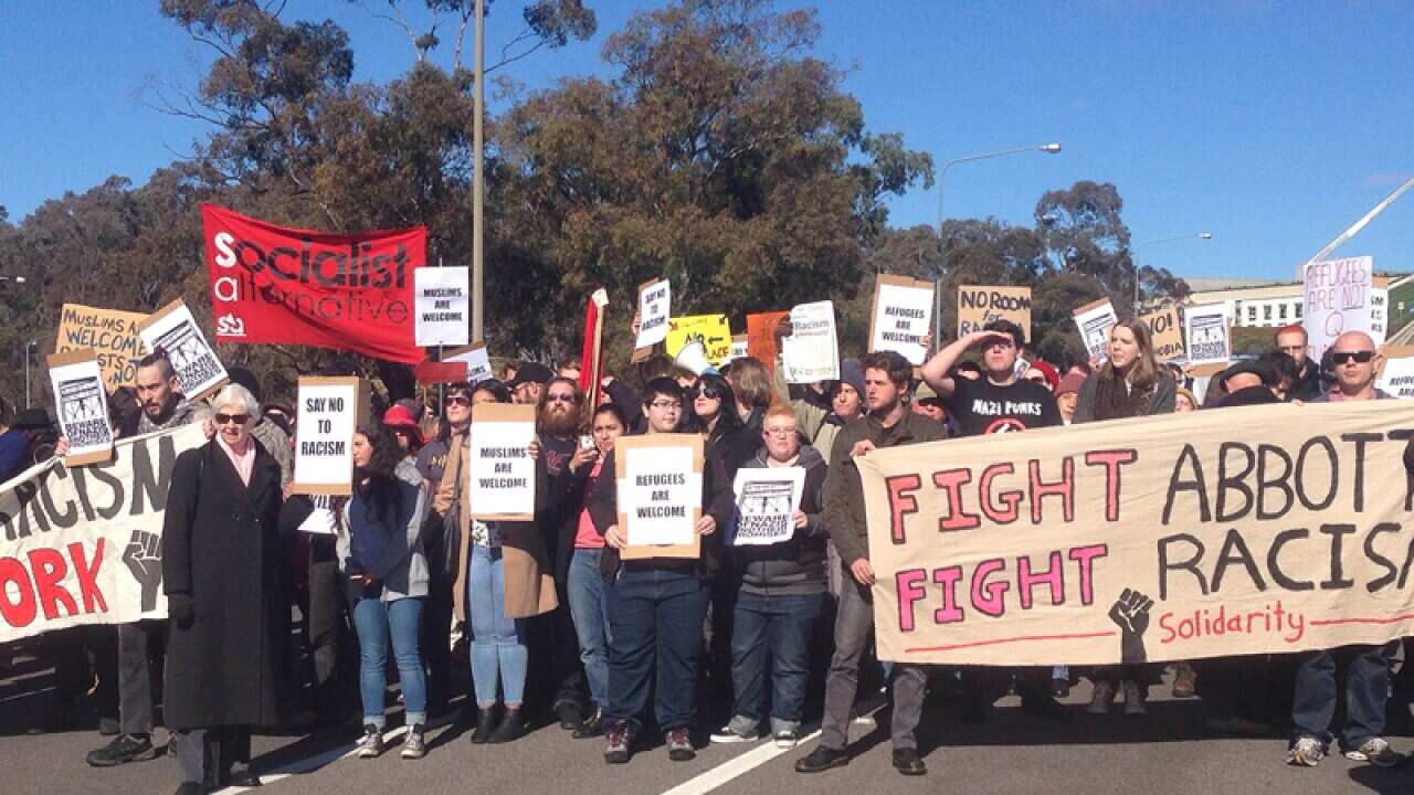 Protesters during a Reclaim Australia Rally in Canberra