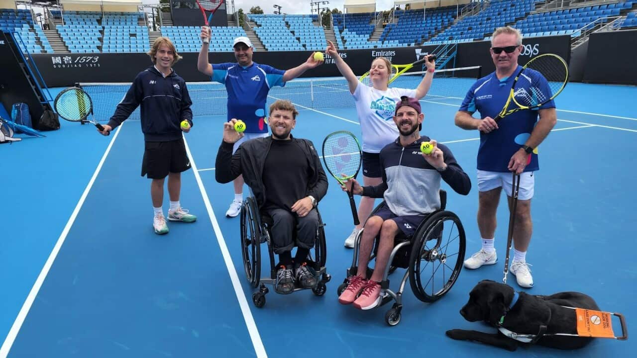Dylan Alcott and Heath Davidson look forward to the Australian Opens All Abilities Day with all-abilities tennis competitors (SBS).jpg