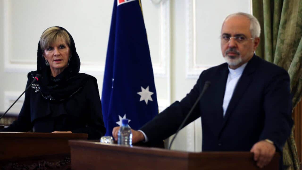 Australian Foreign Minister Julie Bishop, left, speaks in a joint press conference with her Iranian counterpart Mohammad Javad Zarif, in Tehran, Iran, Saturday, April 18, 2015. (AP Photo/Vahid Salemi)