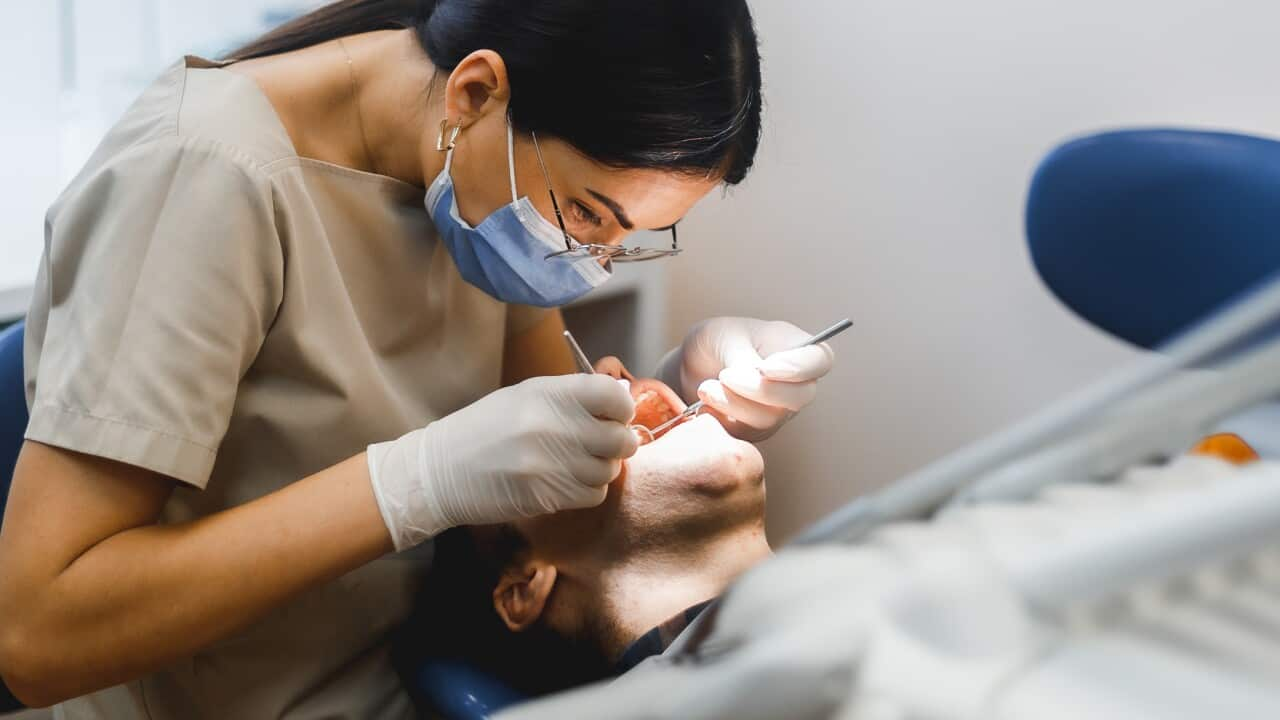 A female dentist treats a male patient. 