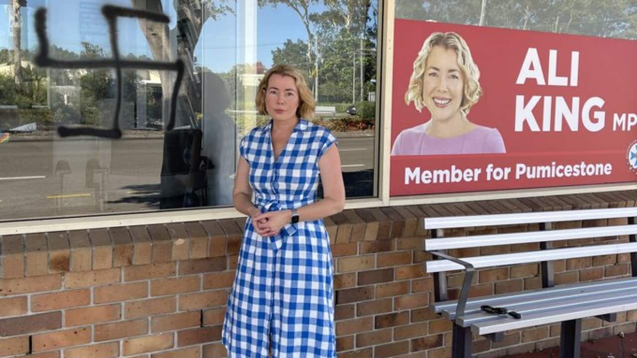Queensland MP Ali King outside her office, which she says was attacked by vaccine conspiracy theorists.