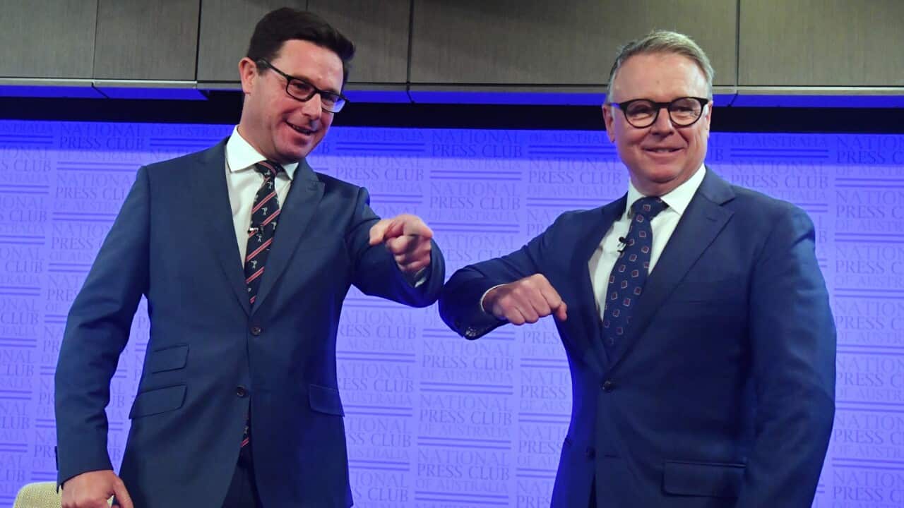Minister for Agriculture David Littleproud and Shadow Minister for Agriculture Joel Fitzgibbon at the National Press Club in Canberra, Thursday, October 8, 2020.