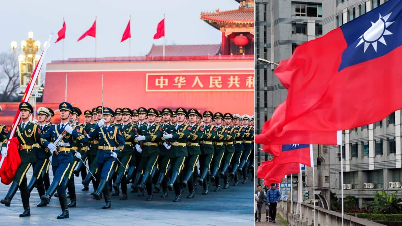 The Guard of Honor of the Chinese People's Liberation Army (PLA) escorts the national flag during a flag-raising ceremony (L), and the flag of Taiwan (R).