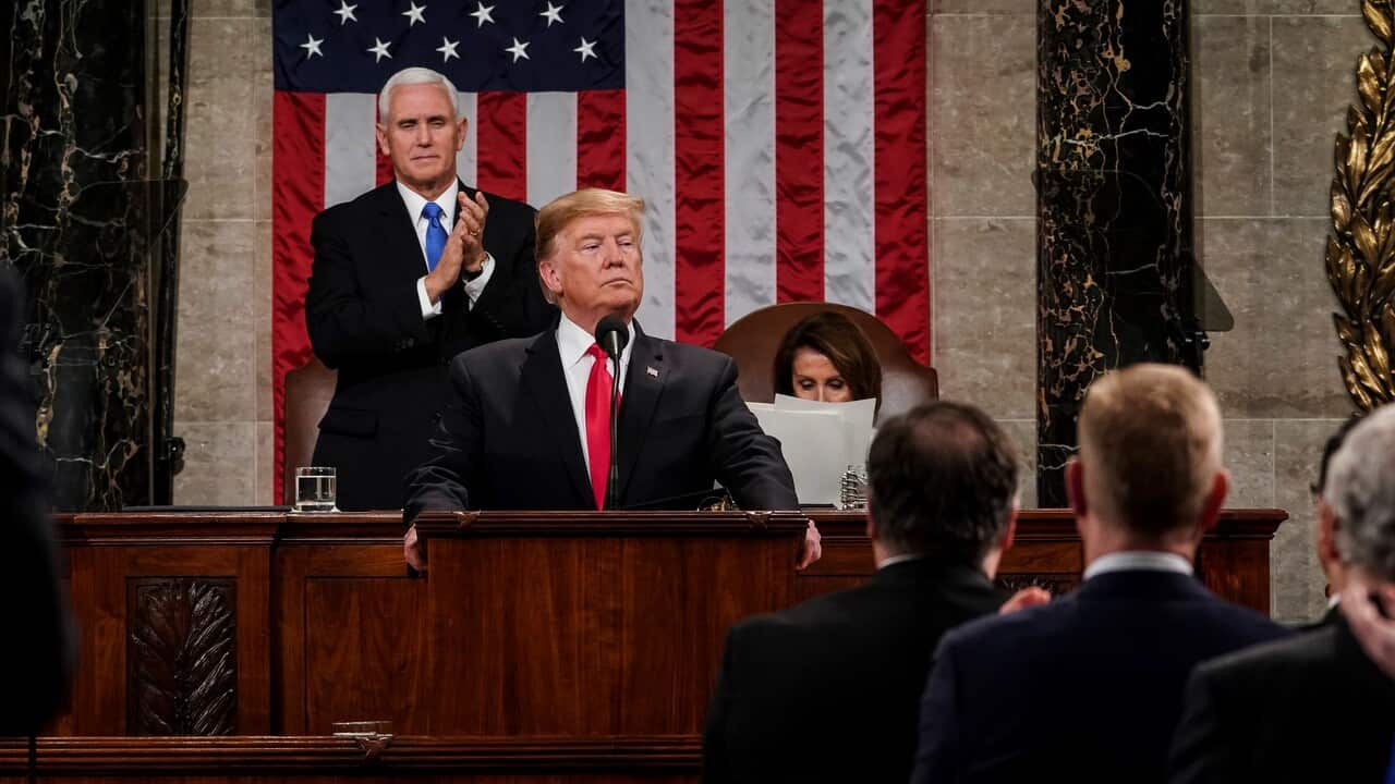 Donald Trump delivers the State of the Union address, with Vice President Mike Pence and Speaker of the House Nancy Pelosi, at the Capitol in Washington.