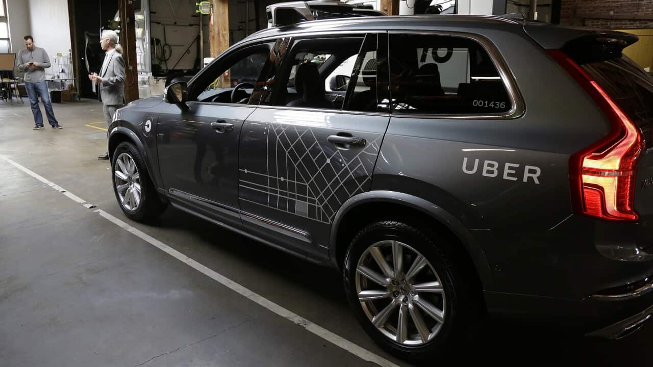 An Uber driverless car is displayed in a garage in San Francisco. (AP)