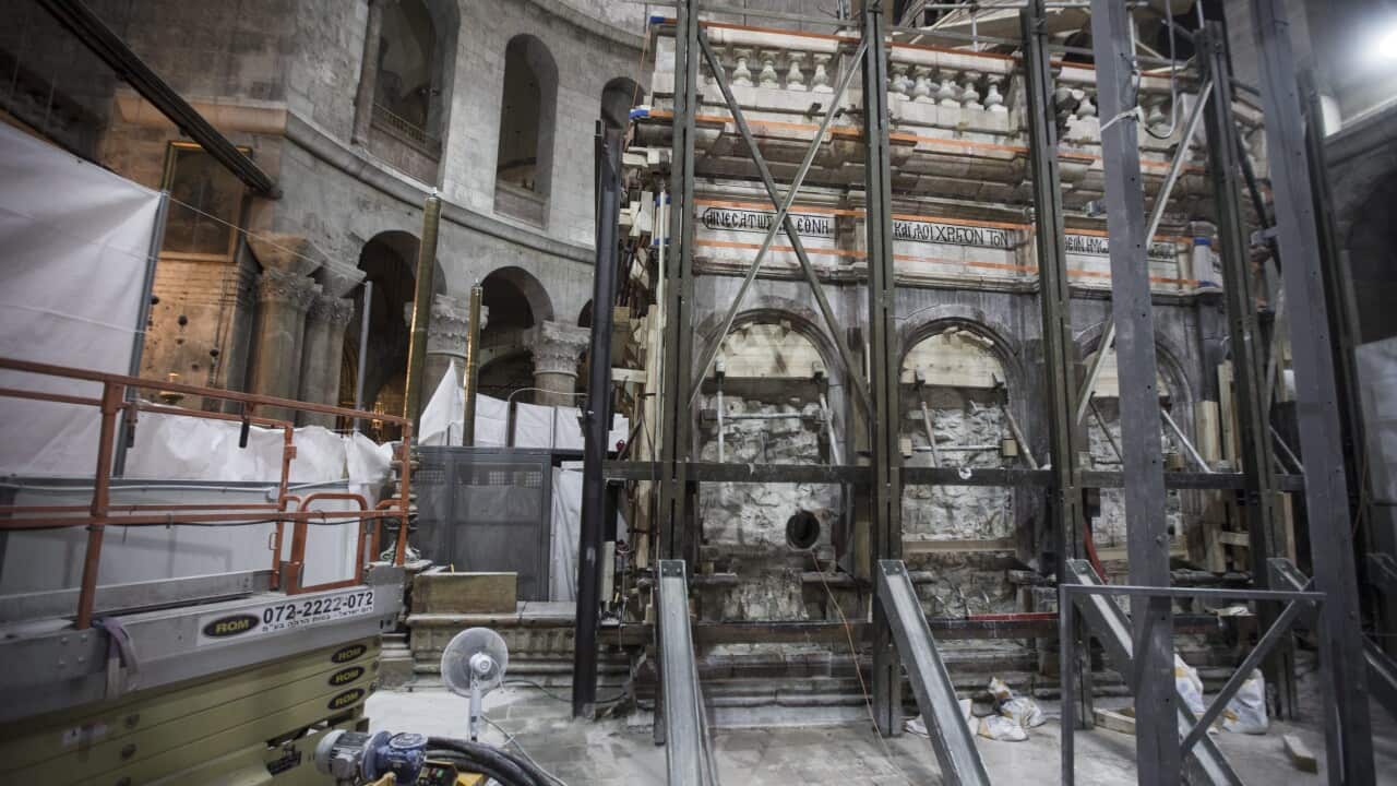 A view of the archaeology work outside the tomb of Jesus Christ in the Church of the Holy Sepulchre, in the old city of Jerusalem, 28 October 2016. 