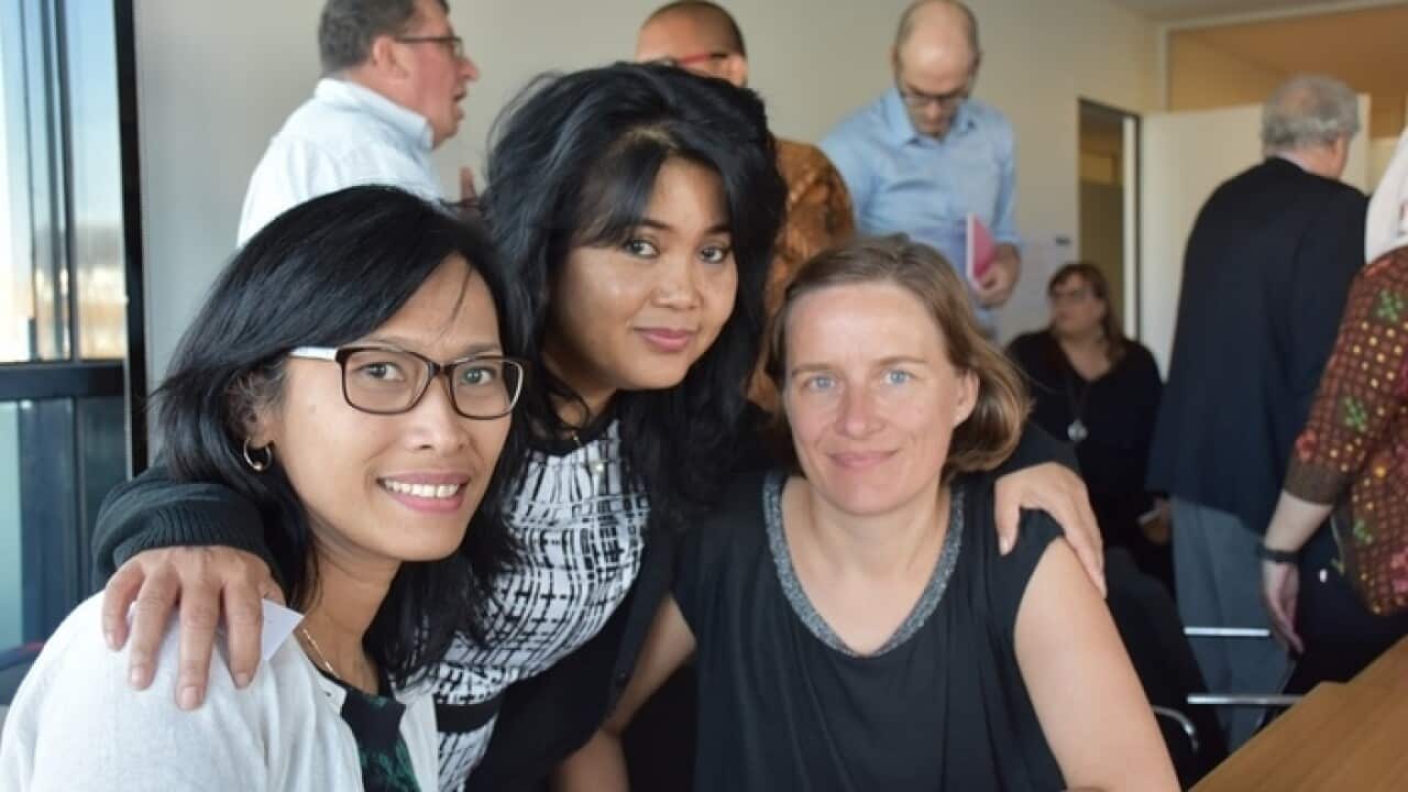 Dr Antje Missbach (right, in black top) at Melbourne University - 08 March 2018.