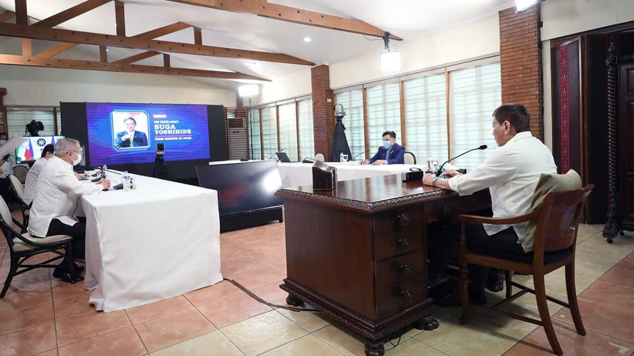 Filipino News, President Rodrigo Roa Duterte and Japan Prime Minister Yoshihide Suga discuss matters during a phone call at the Malacaang Golf (Malago) Clubhouse in Malacaang Park, Manila on May 19, 2021. RICHARD MADELO/ PRESIDENTIAL PHOTO