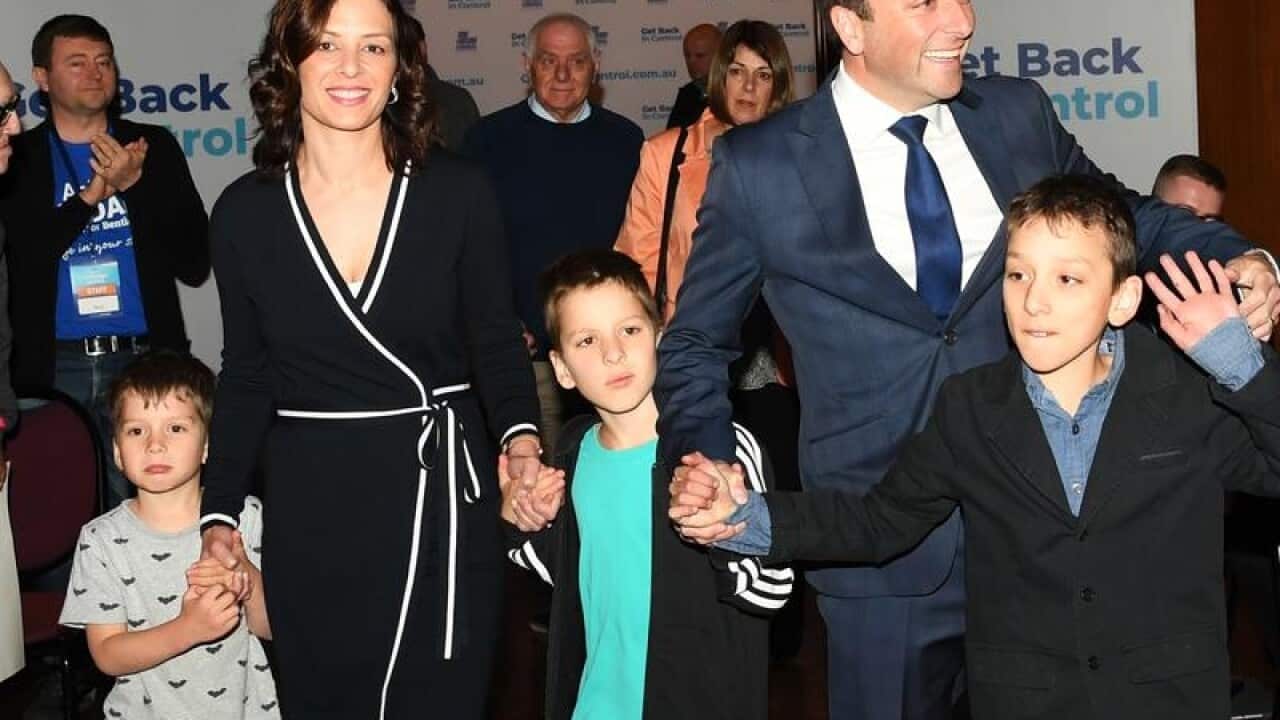Matthew Guy, with his wife and three sons, at the Liberals launch.