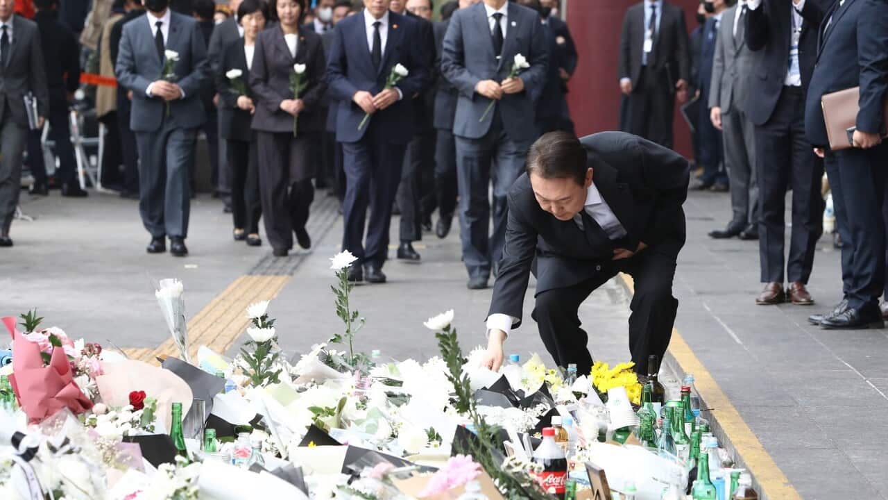 South Korean President Yoon Suk-yeol and cabinet members pay tribute to the victims of the Halloween celebration stampede