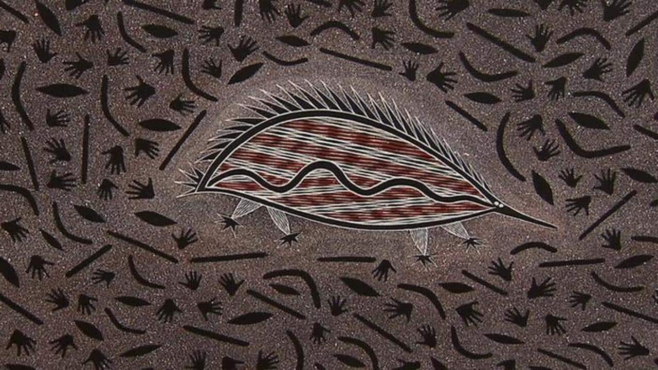 Dennis Thorpe, Echidna Dreaming After the Rain, 2014, acrylic on canvas.