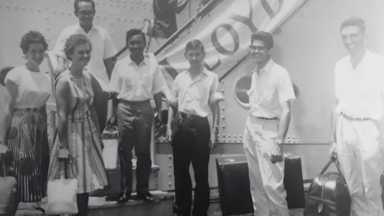 Dr Lance Castle from the right, before boarding the ship to Indonesia for the first time in 1963.