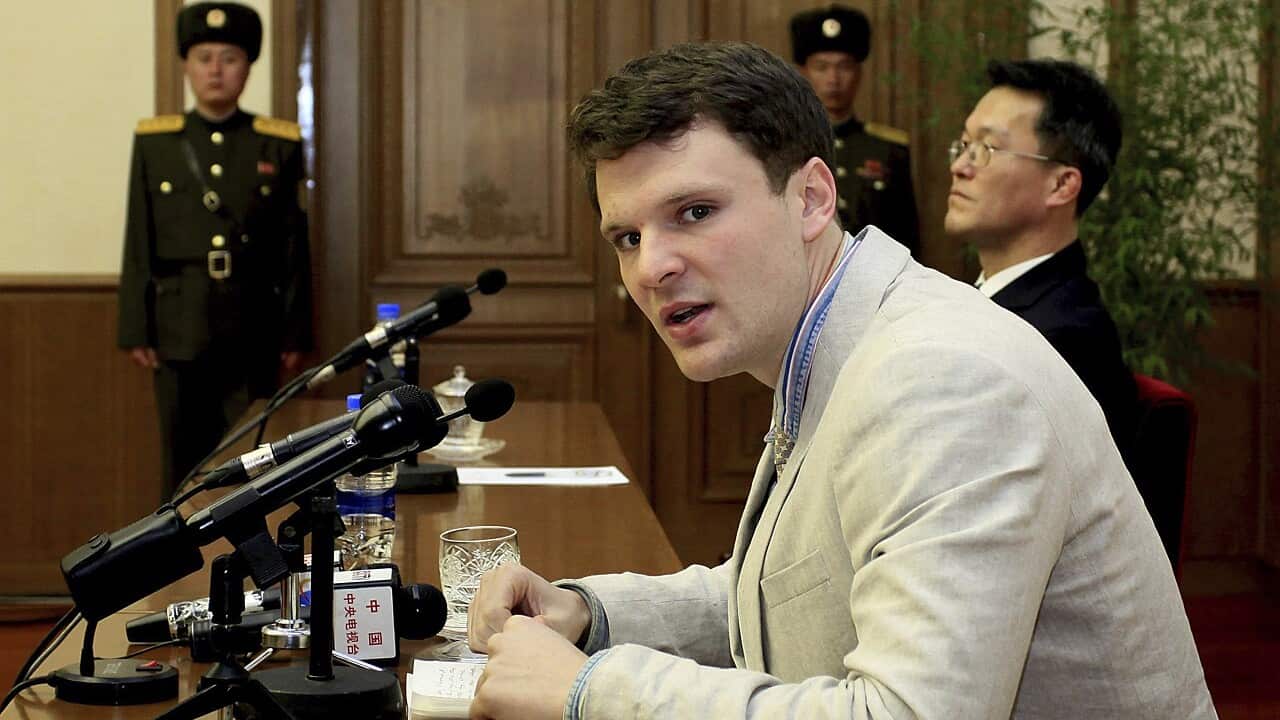 File: American student Otto Warmbier speaks as Warmbier is presented to reporters in Pyongyang, North Korea.
