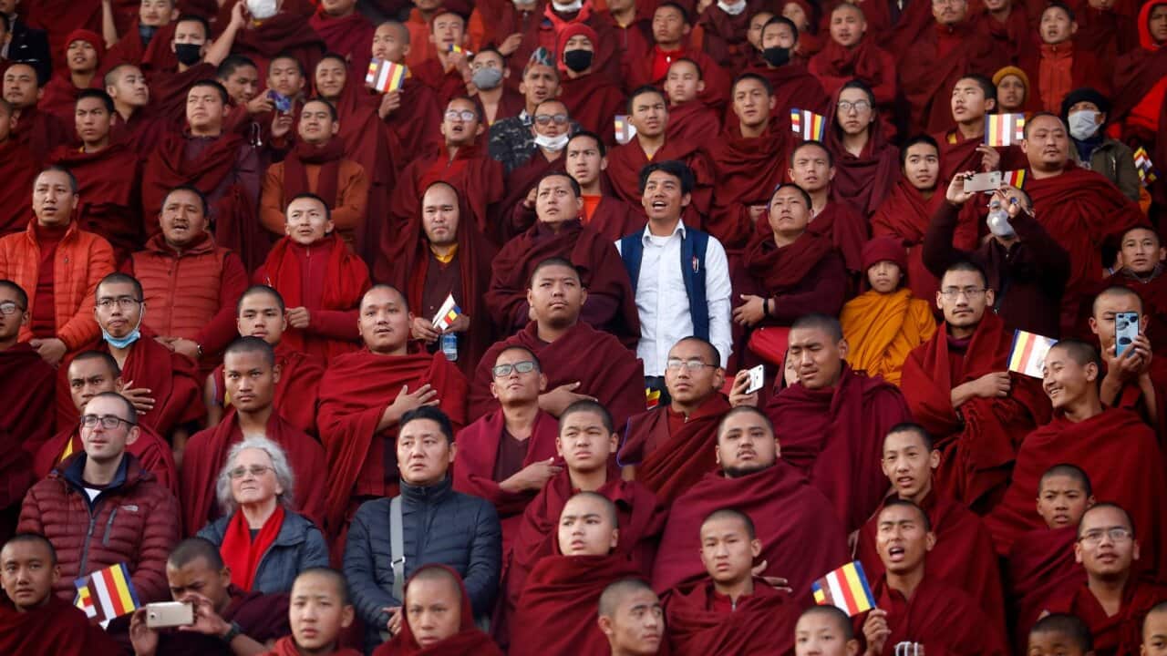 A group of Nepalese monks crowd the spectators' ranks during the official program of the 'Visit Nepal 2020' event n Kathmandu, Nepal, 01 January 2020. The 'Visit Nepal 2020' year has been officially inaugurated as a promotional tourism act aimed at attra