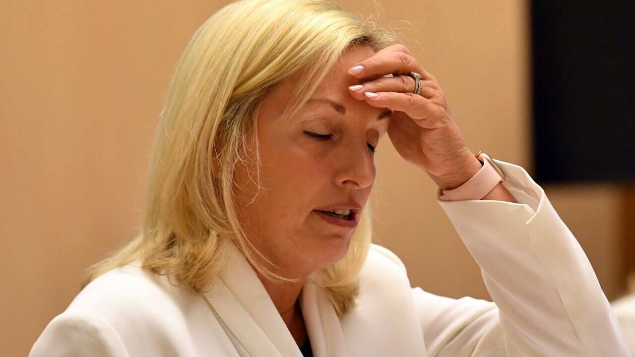 Former Australia Post CEO Christine Holgate appears before a Senate inquiry into changes at Australia Post at Parliament House in Canberra, Tuesday, April 13, 2021. (AAP Image/Mick Tsikas) NO ARCHIVING