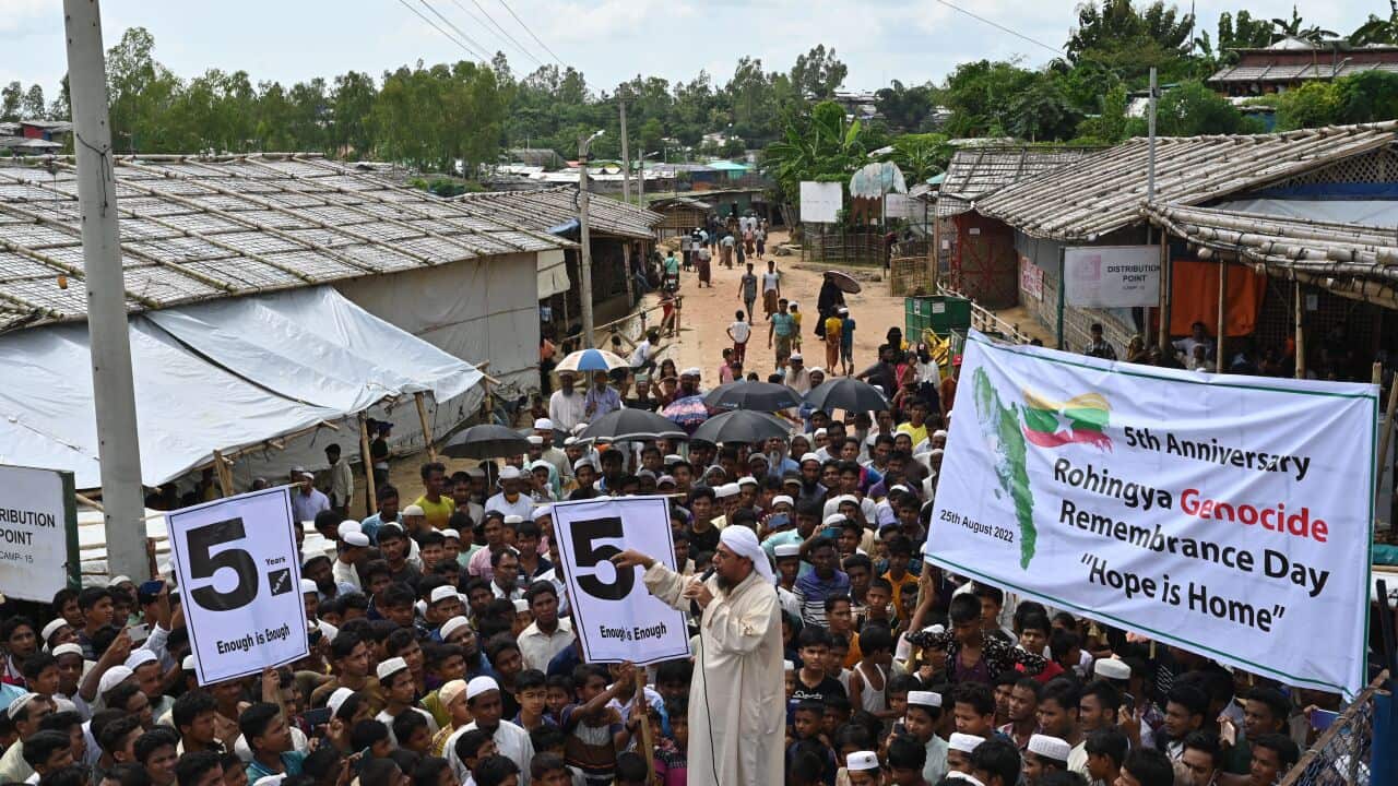 Rohingya refugees take part in a "Genocide Remembrance Day" rally.