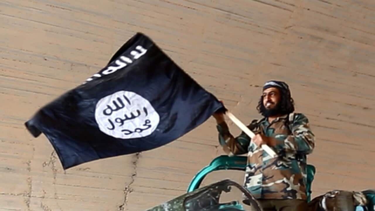 fighter of the Islamic State group waving their flag