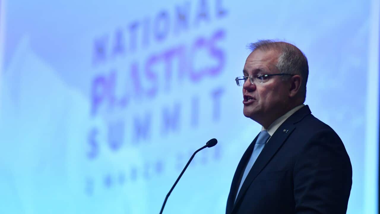 Prime Minister Scott Morrison at the National Plastics Summit at Parliament House in Canberra, Monday, March 2, 2020. (AAP Image/Mick Tsikas) NO ARCHIVING