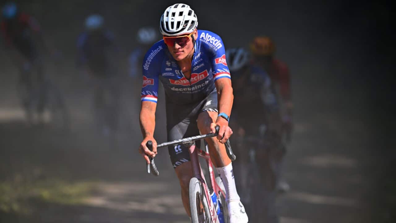 Mathieu van der Poel of Alpecin Deceuninck in action at Dwars door het Hageland