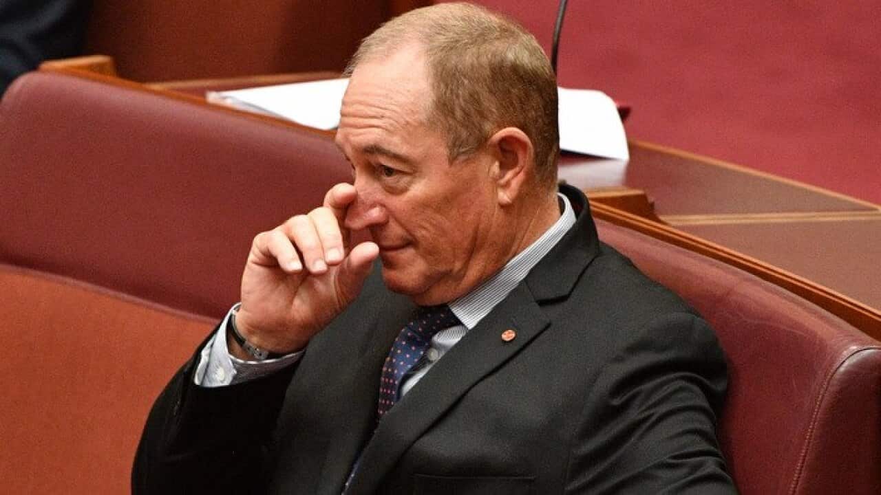 Katter's Australian Party Senator Fraser Anning during a Greens censure motion against Senator Anning in the Senate chamber at Parliament House in Canberra, Wednesday, August 15, 2018. (AAP Image/Mick Tsikas) NO ARCHIVING