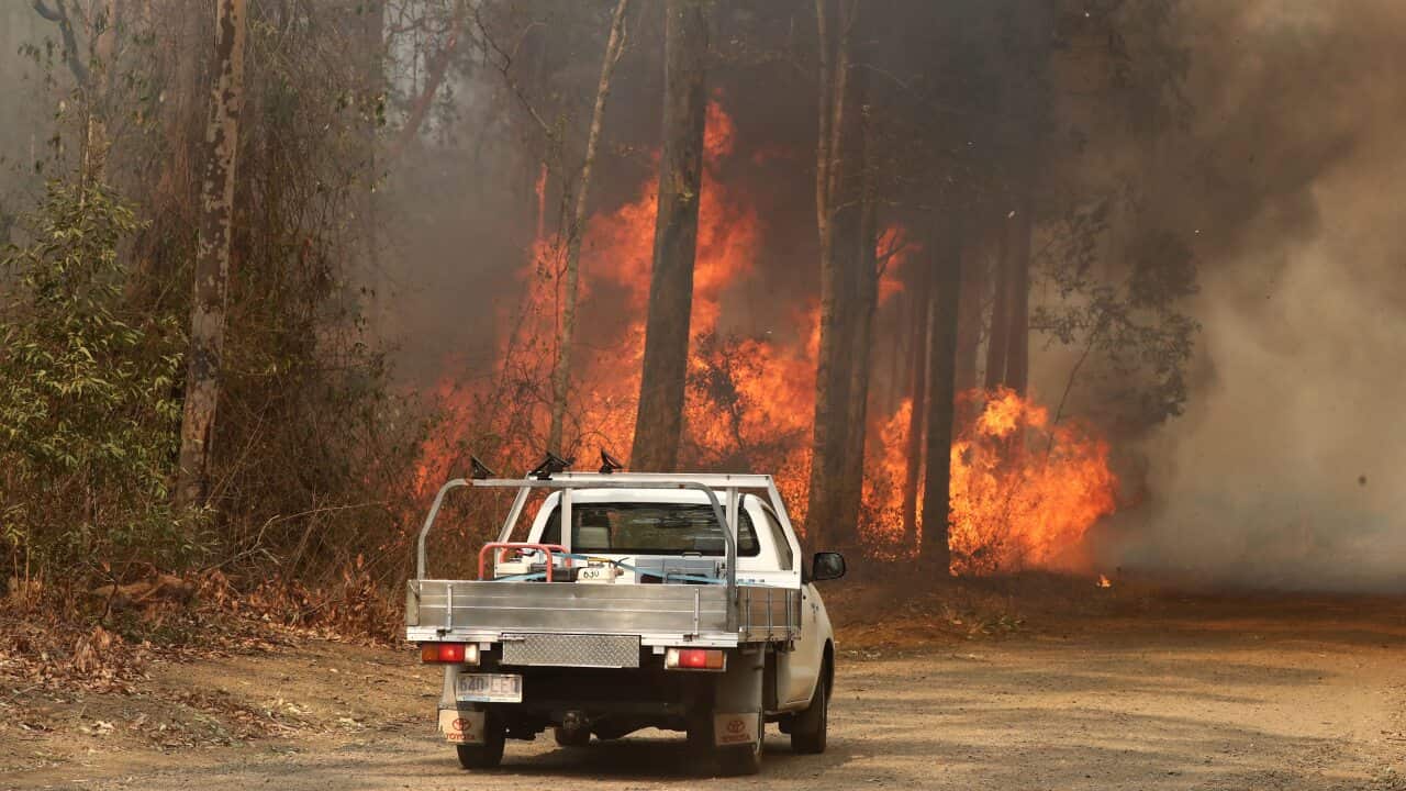 **RE-TRANSMISSION** Local residents are seen near a bushfire burning next to Busby's Flat Road in Busbys Flat, northern NSW, Wednesday, October 9, 2019. (AAP Image/Jason O'Brien) NO ARCHIVING