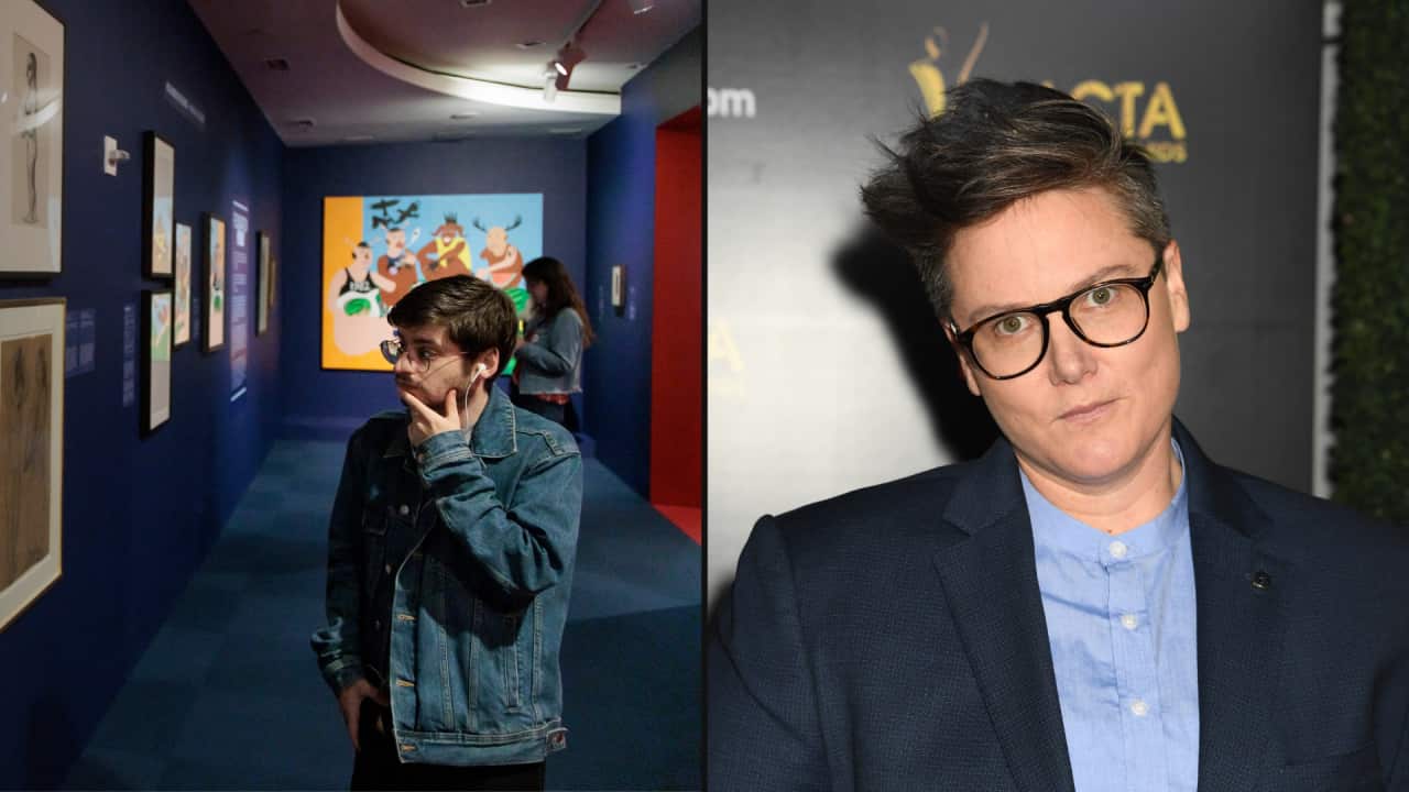 A composite image of Hannah Gadsby and a man viewing her exhibition at the Brooklyn Museum