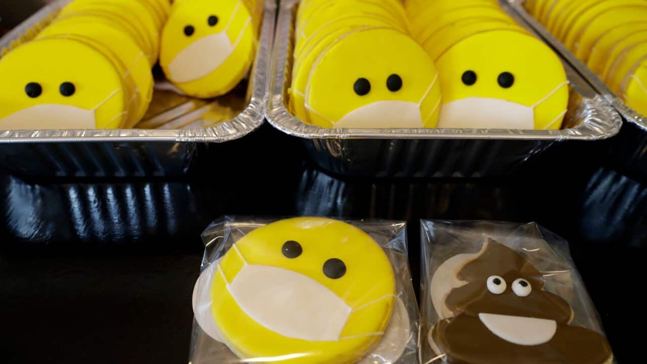 Coronavirus-themed cookies are seen during coronavirus outbreak at Tipsy Space in Chicago, Wednesday.
