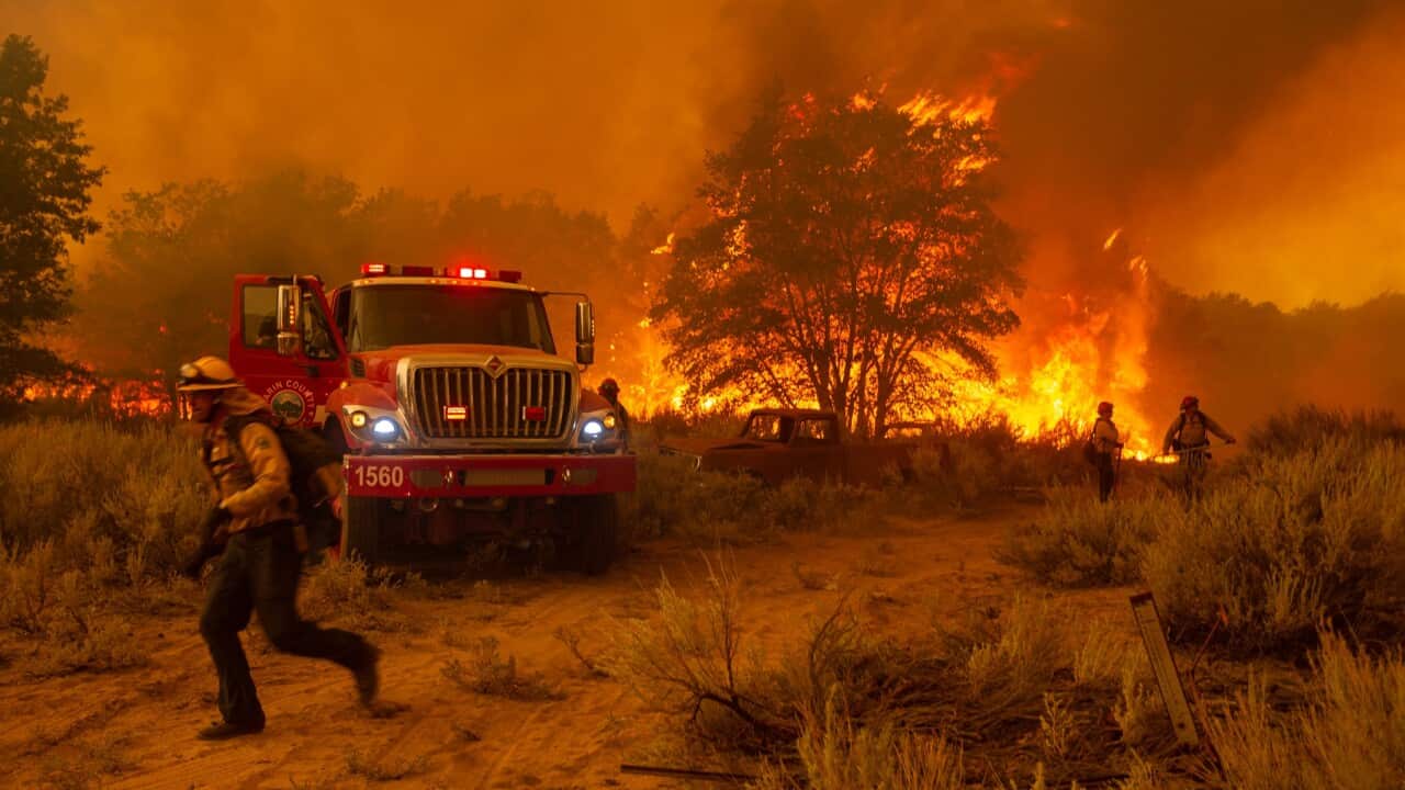 Fire crews attempt to contain a section of the Dixie Fire near Janesville, California