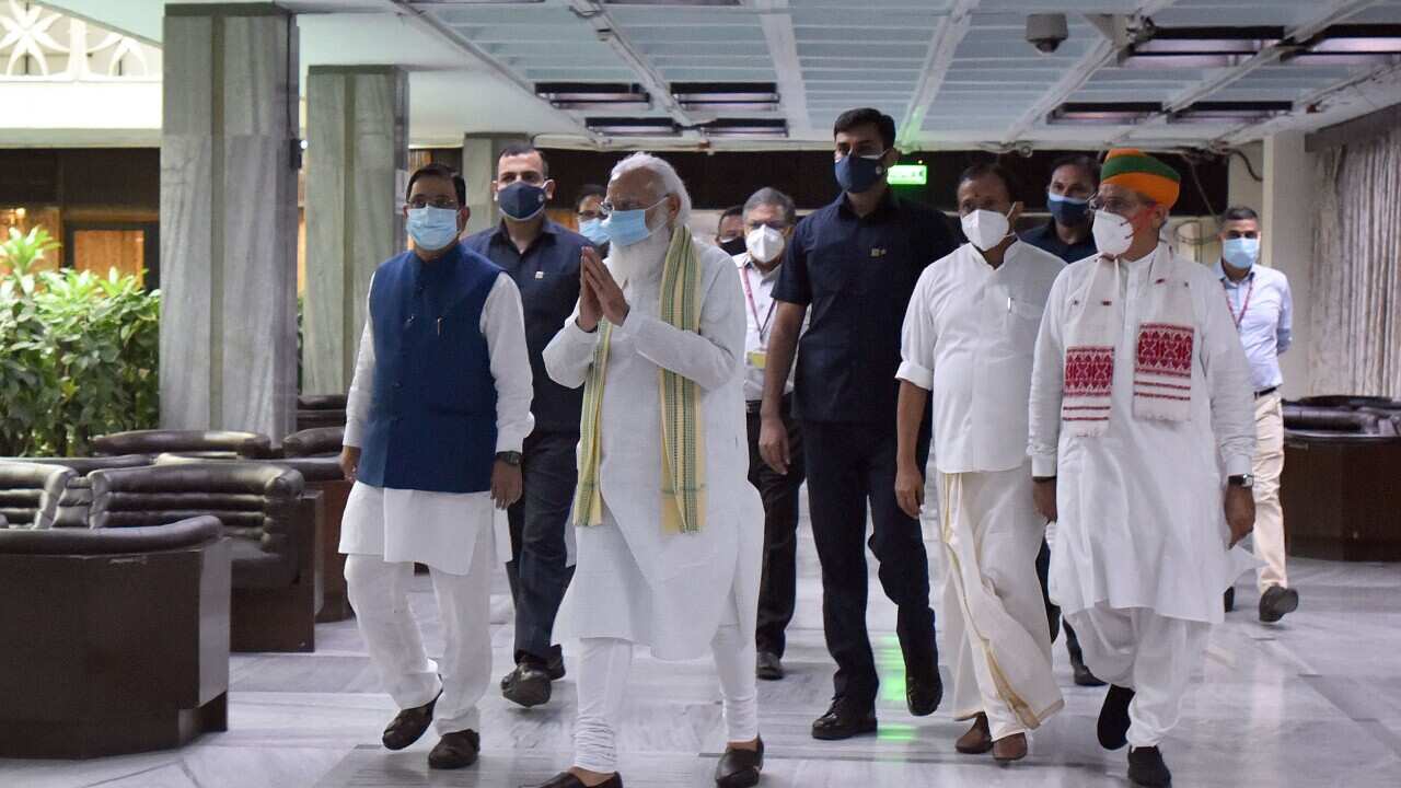 NEW DELHI, INDIA - JULY 18: Prime Minister Narendra Modi with Union Ministers arrives to attend an all-party meeting, ahead of the Parliament Monsoon Session.