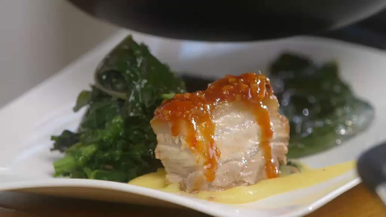 Kale with sweet-and-sour pork belly