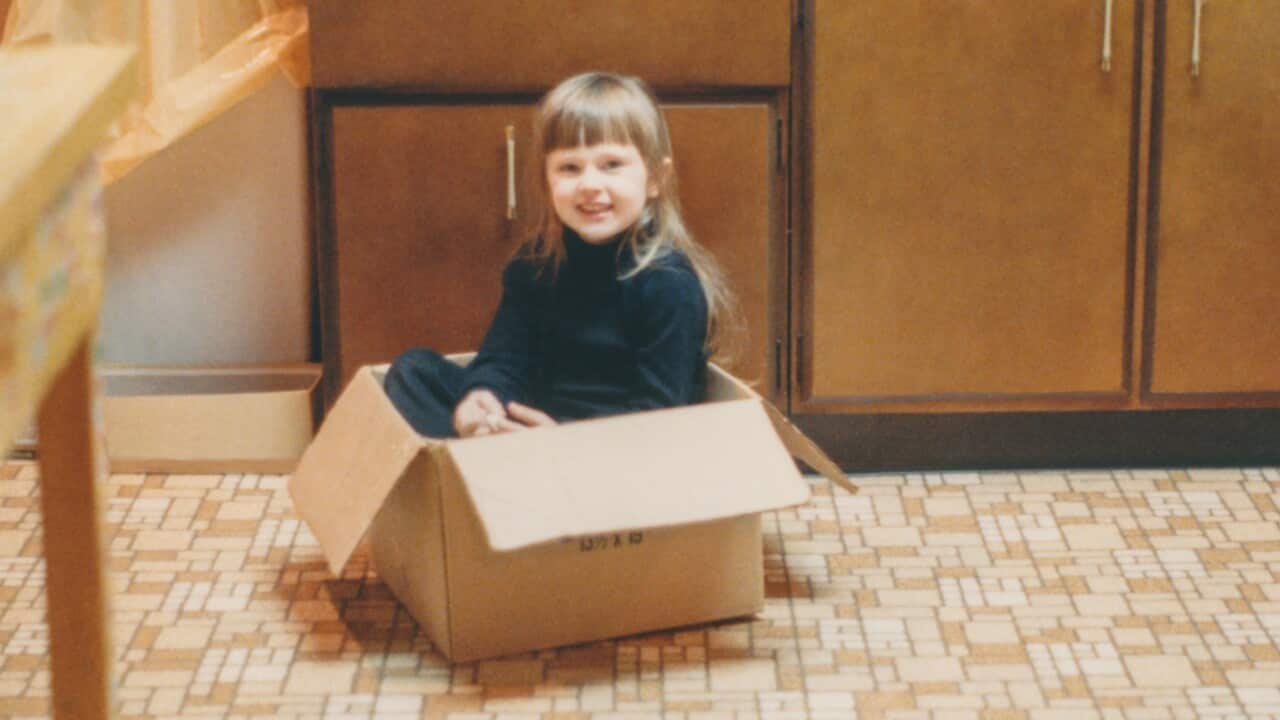 Vintage Child Playing in Cardboard Box on Kitchen Floor, Candid Portrait Little Girl 1980s