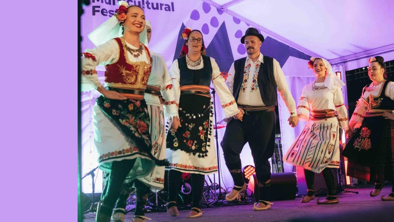 Serbian Folklore Canberra dancers perform on the stage at National Multicultural Festival