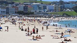 People swim and cool off at a harbour foreshore as the city skyline rises behind them during hot weather.