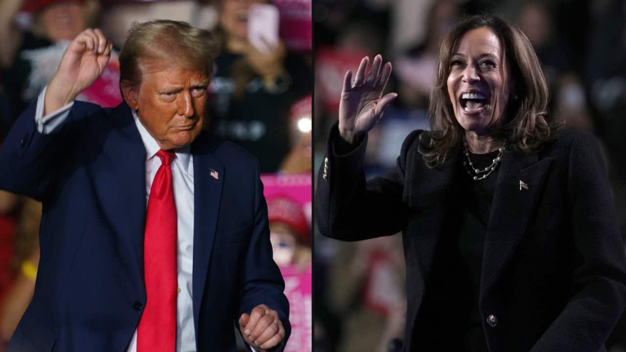 A two way image of Donald Trump dancing at a rally and Kamala Harris waving to supporters