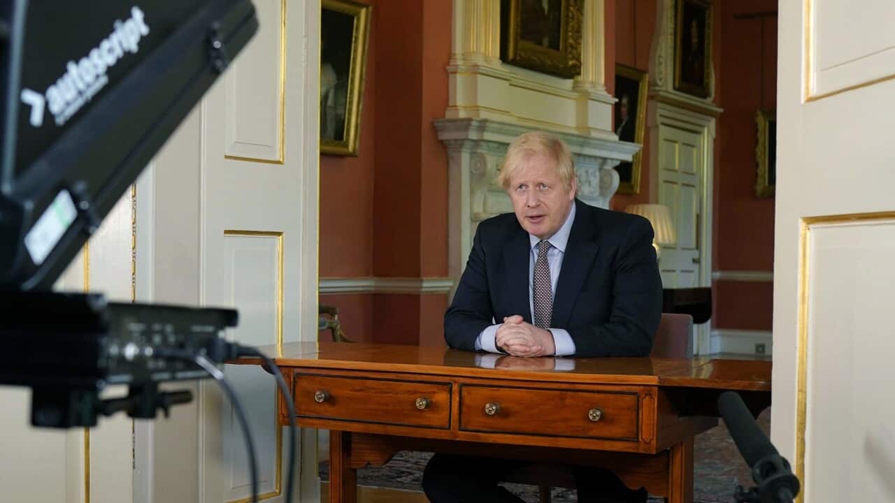 Britain's Prime Minister Boris Johnson records his address on lifting the country's lockdown