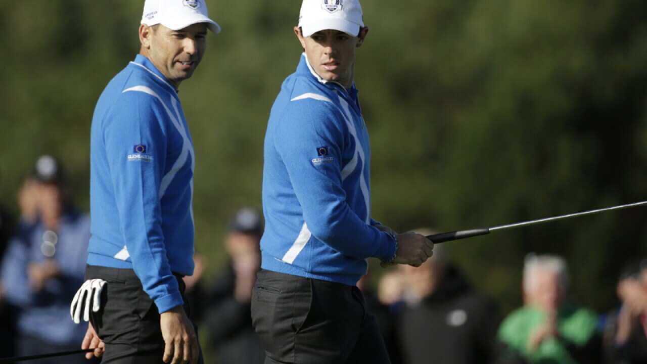 Europe’s Sergio Garcia and Rory McIlroy during the Ryder Cup