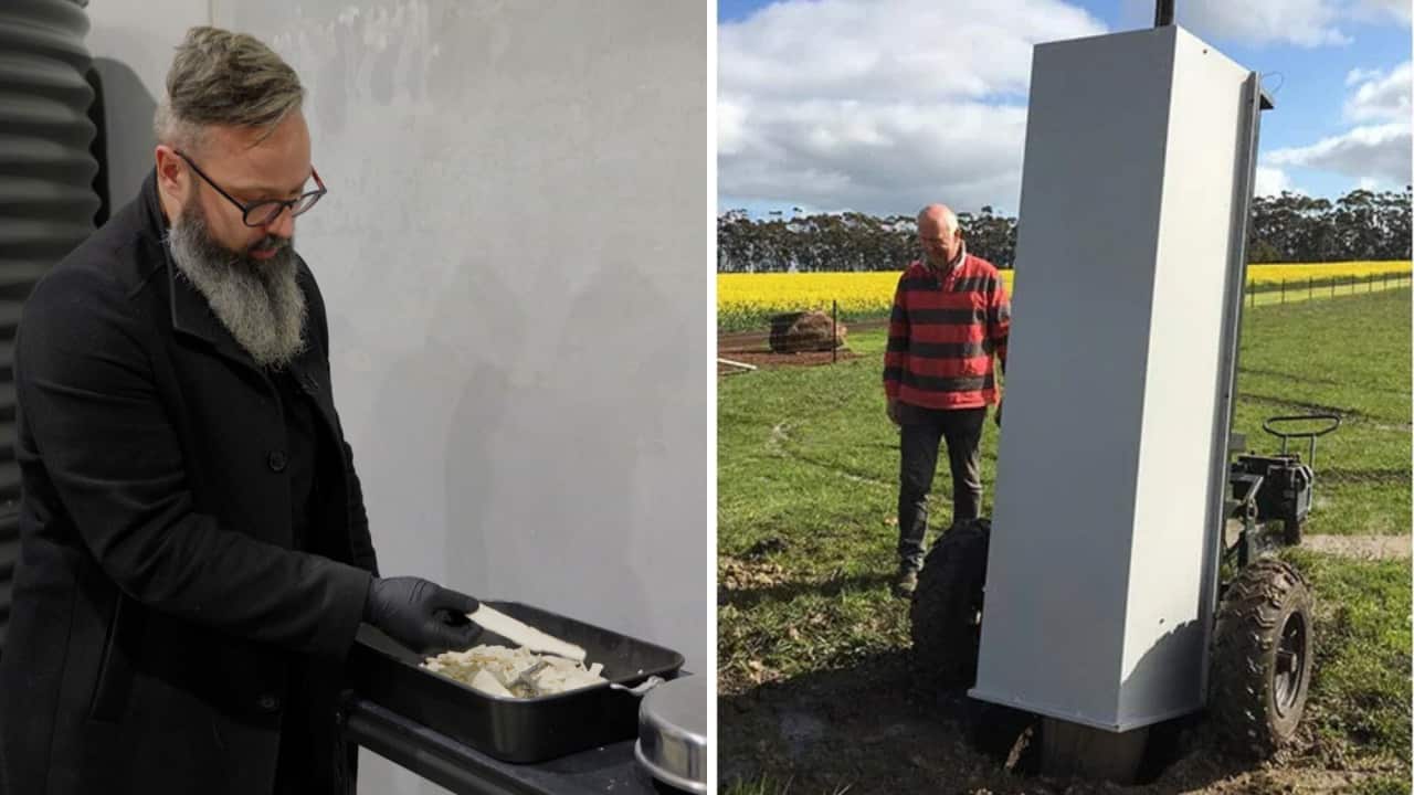 A split image - on the left is a man holding the mineral remains of a bone in his gloved hand above a tray of ashes. On the right is a man in a field next to a vertical, white box on wheels