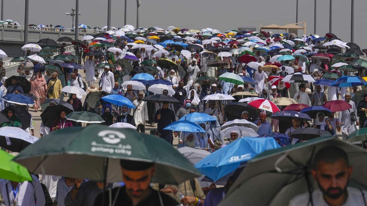 Muslim pilgrims use umbrellas to shield themselves from the sun (AAP)