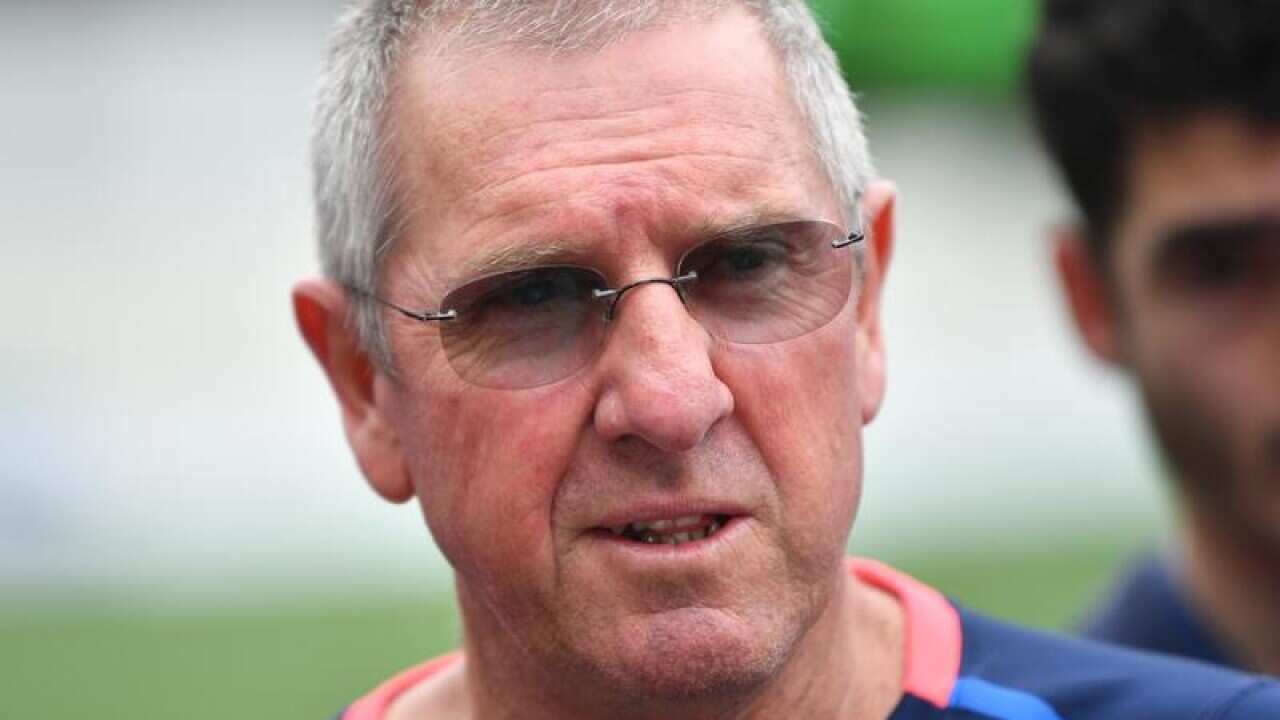 Trevor Bayliss, head coach of England, speaks to the media.