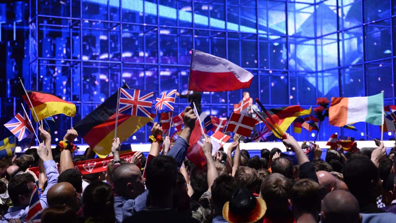 Supporters wave flags ahead of the Eurovision Song Contest 2014 Grand Final in Copenhagen, Denmark, on May 10, 2014. AFP PHOTO/JONATHAN NACKSTRAND (Photo credit should read JONATHAN NACKSTRAND/AFP/Getty Images)